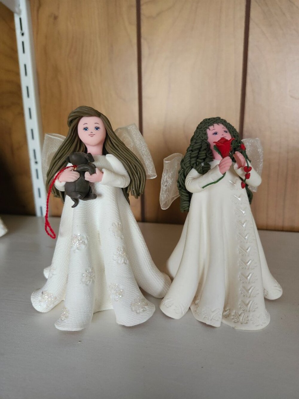 Set of 2 Kneeded Angels Figurines - Puppy Dog & Red Rose